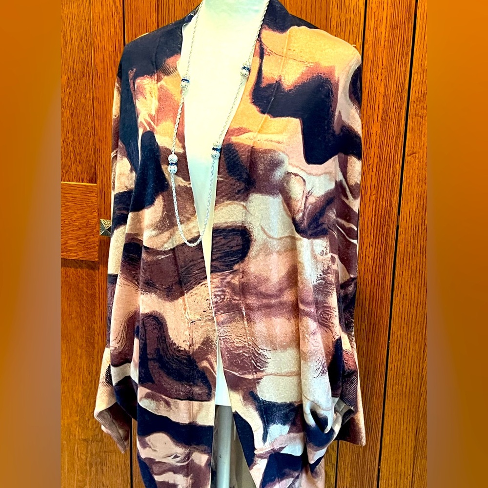 EMU Cardigan Navy Blue Pink Cream Watercolor Merino Wool Split Tail OS Fits Most